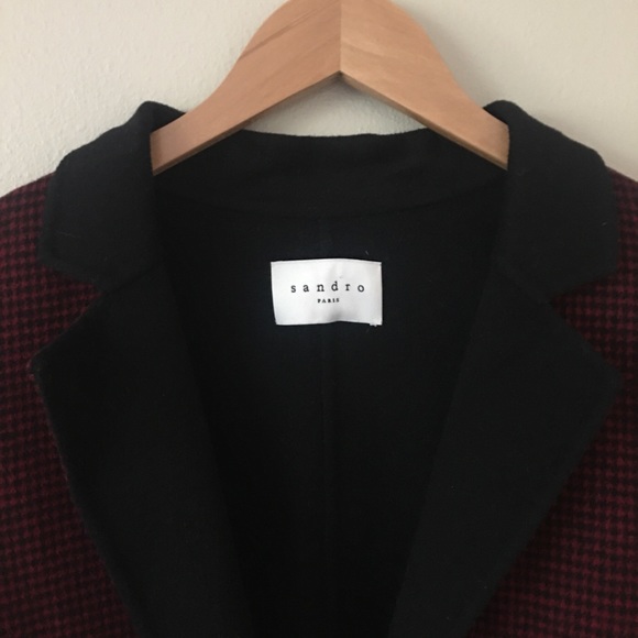 SANDRO Claret Felt Wool Houndstooth Long Coat Red/Black - Picture 10 of 10